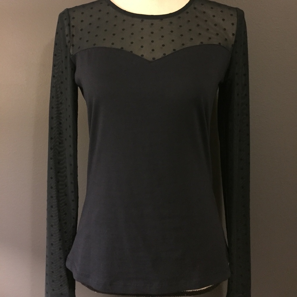 Fate Navy Blue Sheer Polka Dot Long Sleeve Top